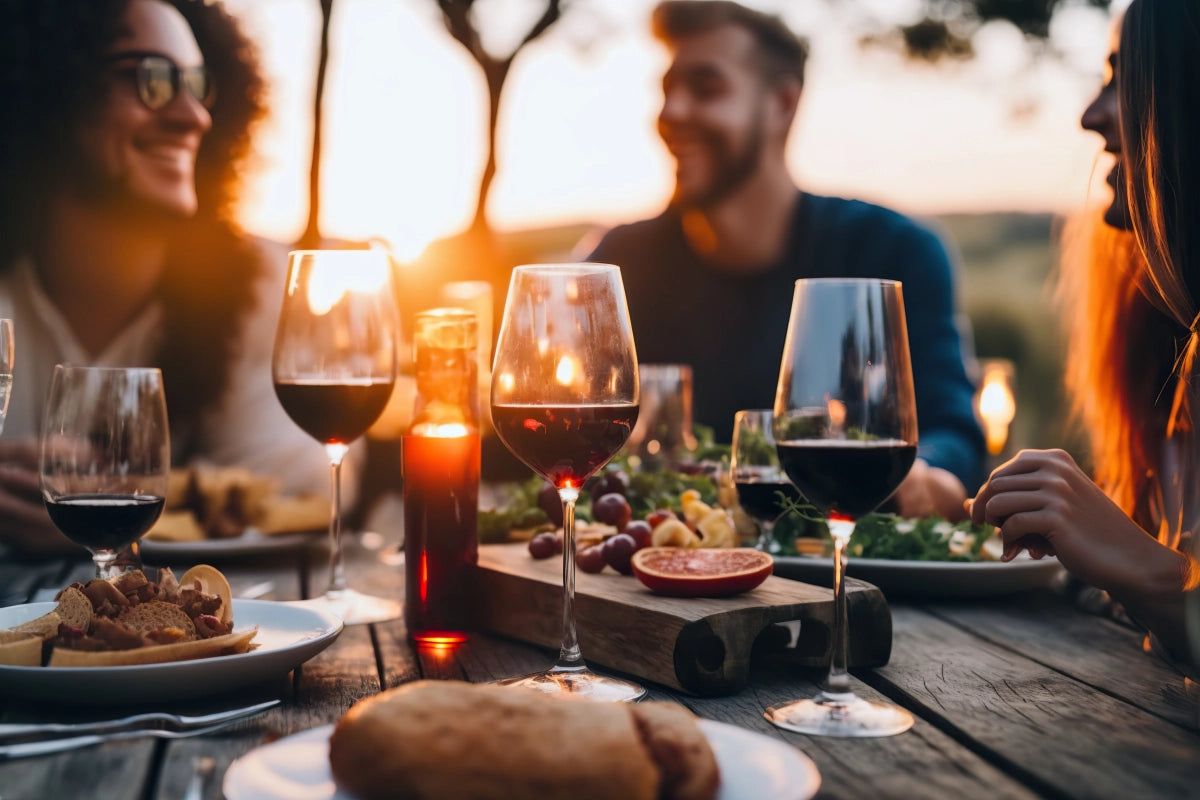 Feiernde Leute mit Rotwein bei Sonnenuntergang